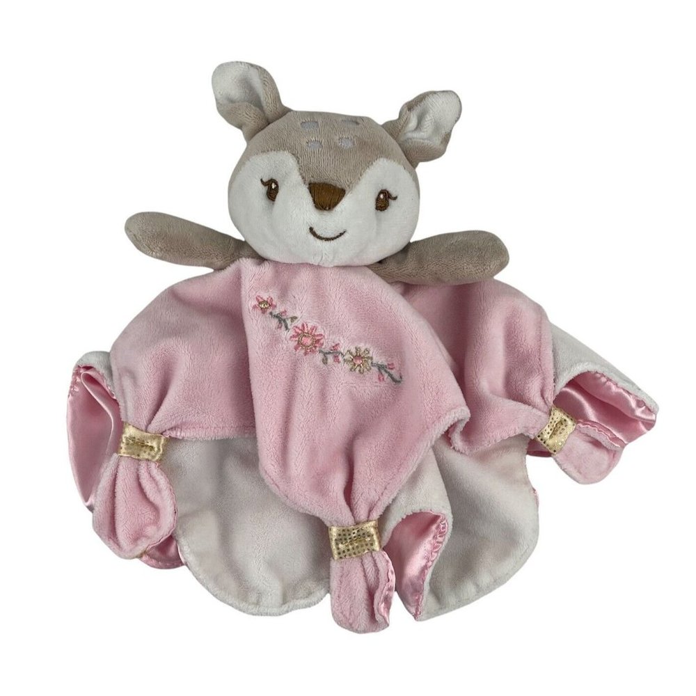 Mary Meyer Pink White Deer 12" Lovey Baby Security Blanket Satin Gold Trim‎